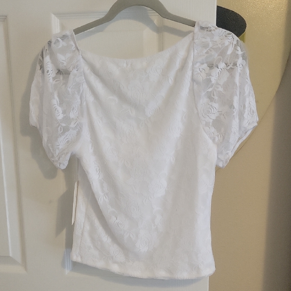 Frankee & Skyler SzLg Youth Chic White Lace Puff Sleeve lined Blouse NWT - Picture 5 of 5